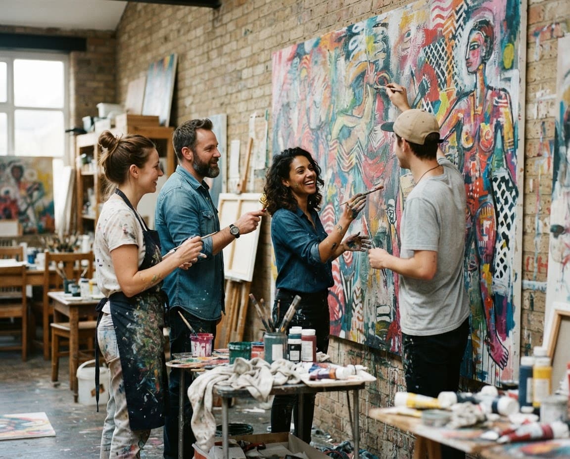 Four people painting a mural together in a studio
